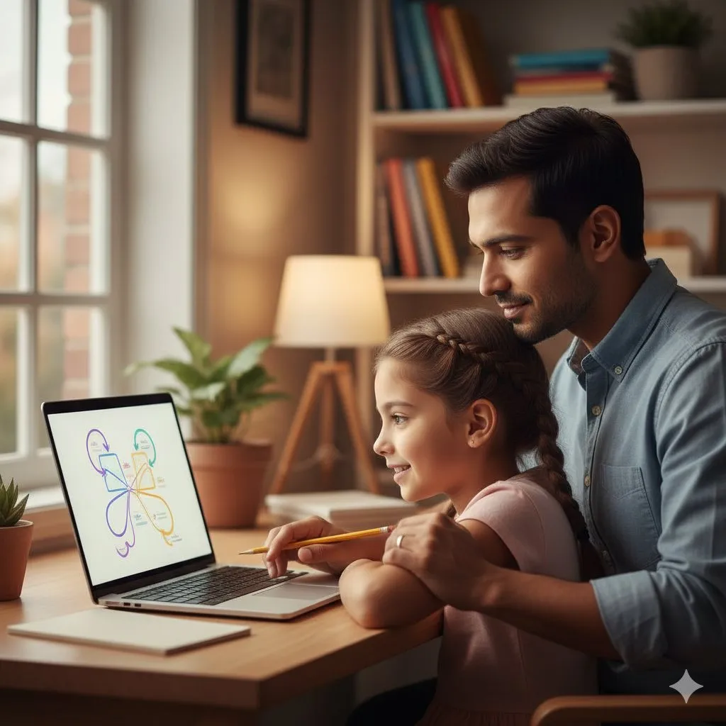 A parent and child taking the Stanford-Binet assessment together at a laptop
