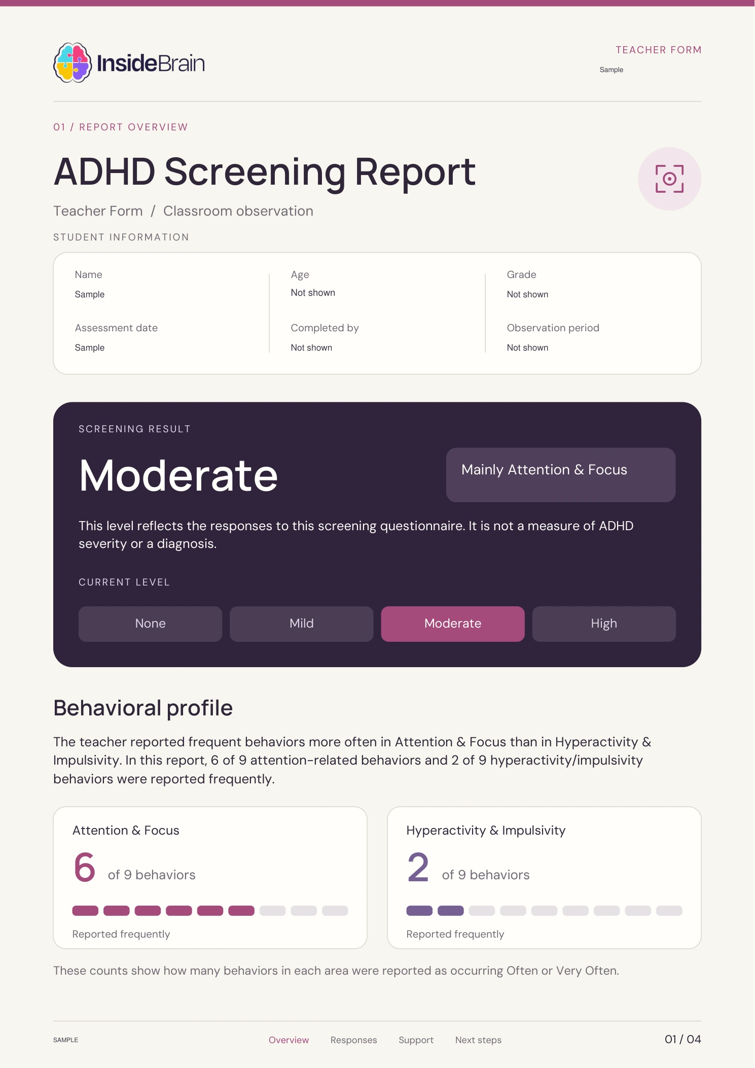 ADHD Screening Report, page 1 of 4